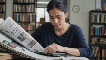 En person leser en fagtidsskrift eller avis, med en bakgrunn av bøker, papirer og kontorutstyr.