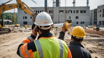 En byggeplass med arbeidere som bærer sikkerhetsutstyr, inkludert et beskyttelseshorn i forgrunnen.