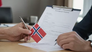 En person som tar en integreringsprøve, med et norsk flagg i bakgrunnen.