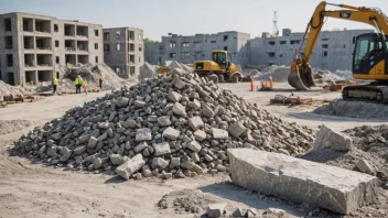 En byggeplass med en haug av gråsteinsmasse, med arbeidere som bruker materialet til bygging eller reparasjoner.