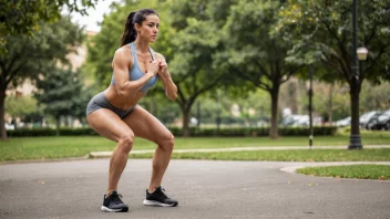 En person som gjør beinøvelser, som for eksempel squats eller lunges, med en bakgrunn av et treningsstudio eller en park.