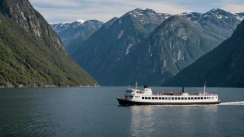 En seilferge på en fjord med fjell i bakgrunnen