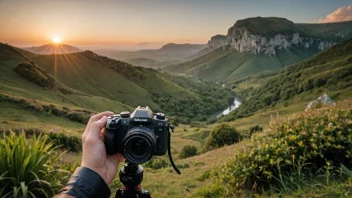 Et bilde av et vakkert landskap med et kamera i forgrunnen, som viser viktigheten av miljøfotografi.