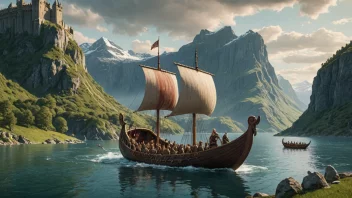 Et bilde som skildrer en scene fra vikinghistorien, med et skip, et slott og vikinger.