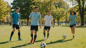 En gruppe venner som spiller fotball sammen i en park på en solfylt dag, ler og har det gøy