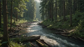 Et fredelig naturlandskap med en hint av menneskelig aktivitet.