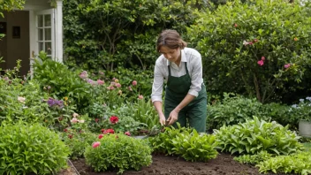 En person som arbeider i en hage, omgitt av grønne planter og blomster.