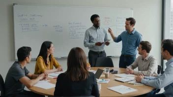 En gruppe mennesker som sitter rundt et bord og diskuterer og analyserer data på en whiteboard.