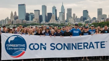 En gruppe mennesker som holder et banner med en konservativ slagord, med en bylandskap i bakgrunnen