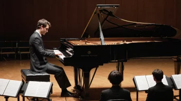 Et stort piano i en konsertsal med en musiker som fremfører et instrumentalstykke.