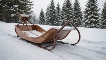 En sled i snøen, med et vinterlandskap i bakgrunnen.