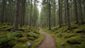 Et idyllisk landskap av en norsk skog med en vandrersti, som representerer retten til å ferdes i naturen.