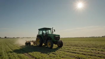 En person kjører en traktor på en åker med en solfylt himmel