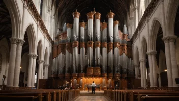 Et stort pipeorgel i en kirke med en musiker som spiller på det