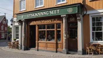 En detaljert illustrasjon av en norsk pub eller bar med en skilt som leser 'Utskjenkningsrett' over inngangen.