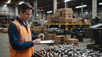 En metallforhandler i et lager eller en fabrikk, som inspekterer metallprodukter.