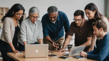 En gruppe mennesker fra ulike bakgrunner og aldre som samarbeider på et prosjekt, med laptoper, nettbrett og smarttelefoner, i et kreativt og samarbeidsorientert miljø.