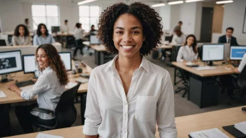 En person i en arbeidssituasjon med et smil, omgitt av kolleger og en ren og organisert arbeidsplass, som illustrerer god arbeidsmiljøomsorg.