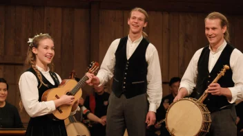 Et folkemusikkarrangement med tradisjonelle norske instrumenter og dansere i tradisjonelle klær.