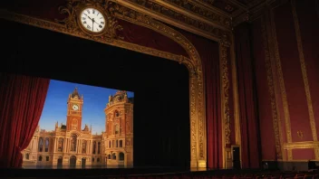 En teater eller scene med en klokke i bakgrunnen som viser ettermiddagstid.