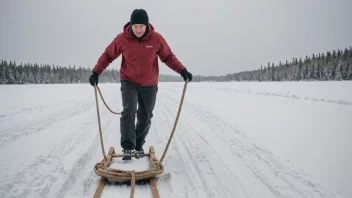 En person som drar en slede med et tau, med en snødekt bakgrunn.