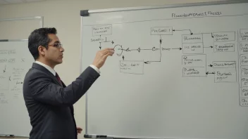 En anskaffersjef står foran en whiteboard med en flytdiagram