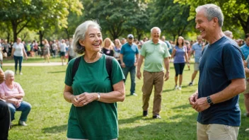 En person i en park omgitt av mennesker i ulike aldre og evner, alle smiler og interagerer med hverandre.