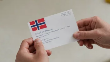 En person som holder et brev med et avslagsstempel, som indikerer en informasjonsutvisning, med et norsk flagg i bakgrunnen.