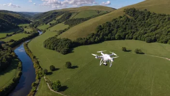 En drone som flyr høyt over et landskap, tar bilder av bakken nedenfor