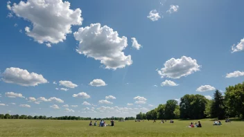 En vakker sommerdag med en klar blå himmel og noen hvite skyer, med mennesker som nyter utendørs.