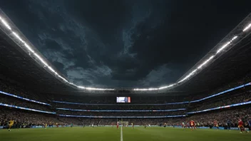 Et idrettsstadion med en spent atmosfære, spillere i aksjon og en klokke som viser de siste minuttene av kampen.