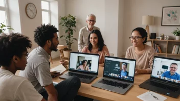 En gruppe mennesker fra ulike aldersgrupper og bakgrunner som sitter foran datamaskinene og mobilene sine og kommuniserer med hverandre gjennom en virtuell online-samfunnsplattform.