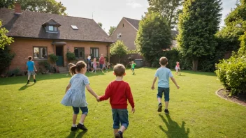 Et barnevertshjem med en stor hage og en gruppe glade barn som leker sammen.