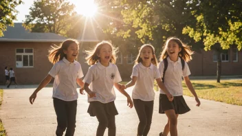 En gruppe elever som leker sammen på en skoleplass, med en strålende sol i bakgrunnen.