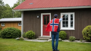 En person som står foran et hus med et norsk flagg.