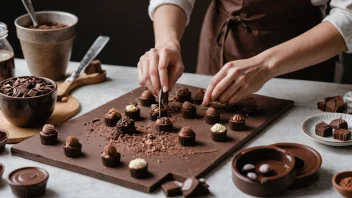 En dyktig sjokolademaker i arbeid, som lager en vakker sjokoladedessert.