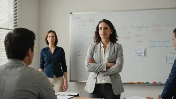 En leder som står foran en whiteboard med et team av mennesker i bakgrunnen.