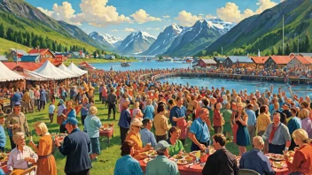 En levende og fargerik illustrasjon av en norsk laksfest.