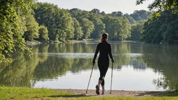 En person som går med staver i en park med en innsjø i bakgrunnen