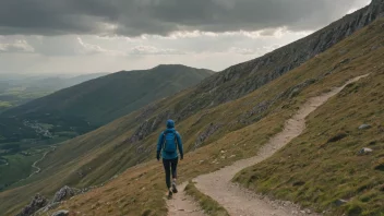 En person som går nedover på en fjellsti med en sterk vind som blåser nedover