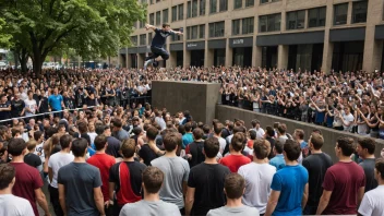 En stor folkemengde ser på en demonstrasjon av parkour.