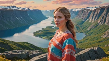 En kvinne som bærer en tradisjonell norsk pannelue, med et vakkert fjordlandskap i bakgrunnen.