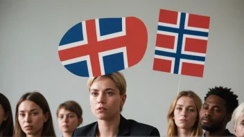 En person beklager med en taleboble, med et norsk flagg i bakgrunnen.