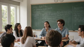 En gruppe elever som samtaler i et klasserom.