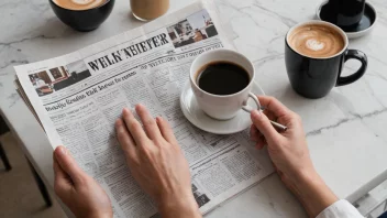 En person som sitter i en koselig stue og leser en ukemelding eller avis med en kopp kaffe på bordet.