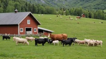 En norsk gård med ulike dyr, som kyr, griser og sauer, med fokus på dyreavl.