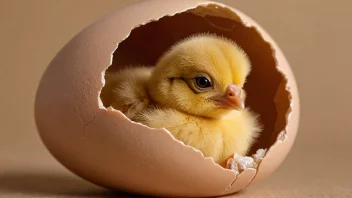 Et kylling som klekker fra et egg, med eggskallet som åpner seg og kyllingen kommer ut.