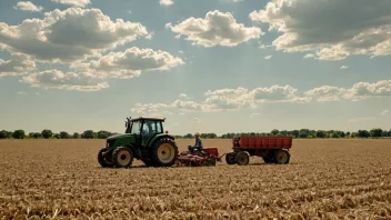 Et stort felt med en traktor og en bonde, med en solfylt himmel i bakgrunnen.