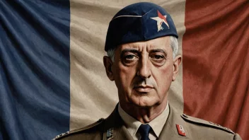 Et portrett av Charles de Gaulle med en diskret bakgrunn av det franske flagget, som symboliserer hans tilknytning til landet og dets politikk.