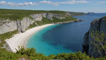 En fredelig strandscene i Norge med noen mennesker som soler seg og svømmer i bakgrunnen.